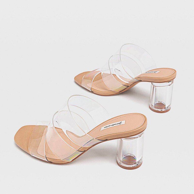 Women's Acrylic Crystal high Thick heel Slide sandalsSummer Transparent PVC Women Slippers