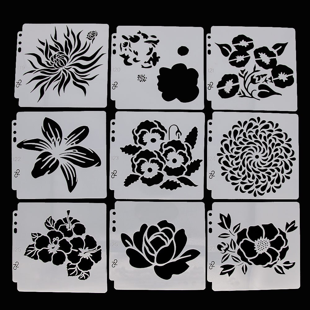 9pcs 14.1cmx13cm Reusable Plastic Painting Templates Stencils Mold for Fabric, Scrapbook, Painting (9 Flower Patterns) S119127