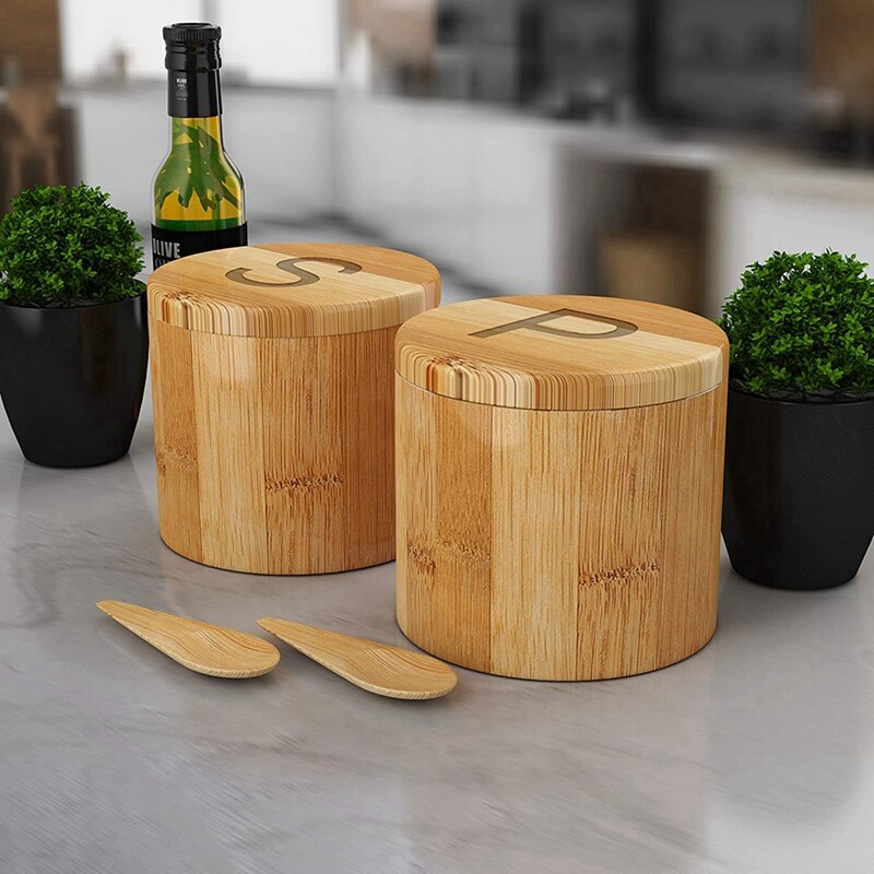 Bamboo Salt And Pepper Cellar,Spice Containers,Swivel Lids - 2 Boxes With Spoons - Engraved With S And P