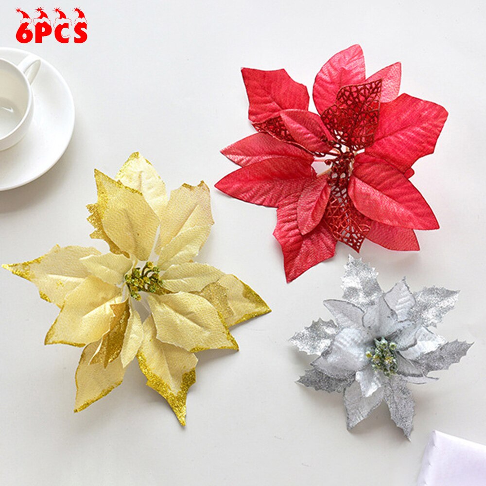 Set Van 6 Grote Poinsettia Glitter Wit Op Kerstboom Decoraties Kunstmatige Kerst Bloemen Glitter Nep Bloemen