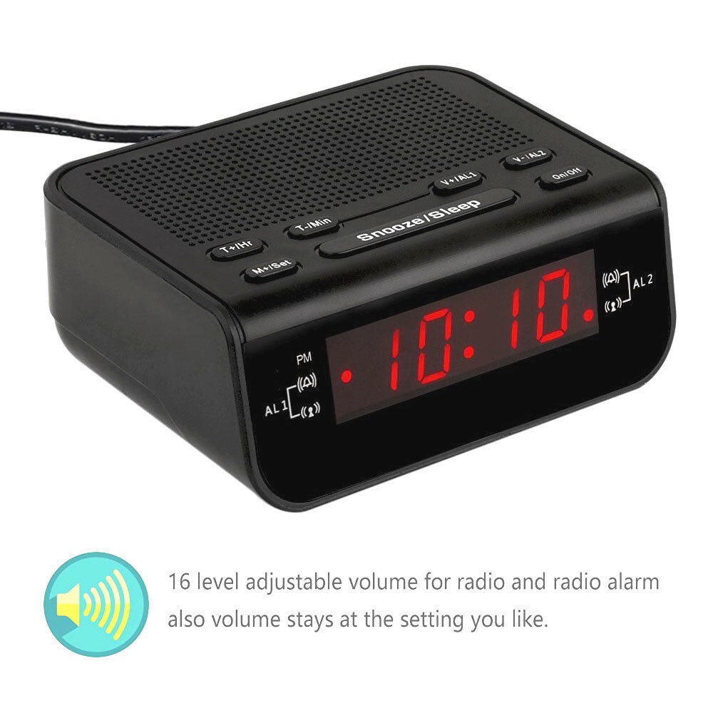 Portable Radio Alarm Clock Digital Dual Little Battery Powered Black