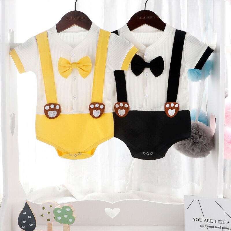 Pudcoco Toddler Baby Boy Bodysuit Gentleman Clothes Outfit Patchwork Short Sleeve Bodysuit Jumpsuit W/Tie Clothes Set 0-24M
