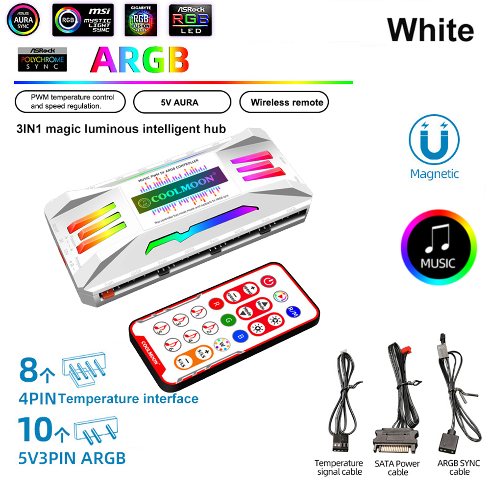 COOLMOON 5V/3Pin ARGB 4Pin Fan PWM HUB 1To8 Music Rhythm Temperature Controller Aura Sync Cooling Fan Remote Control Chassis Hub: Brown