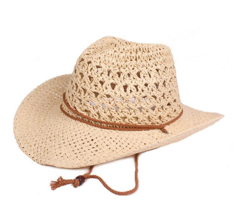 Mænd cowboy western hat unisex hæklet halm chapeau voksen panama kasket udendørs strand hatte og kasketter til mænd sommer hat kvinder: Beige