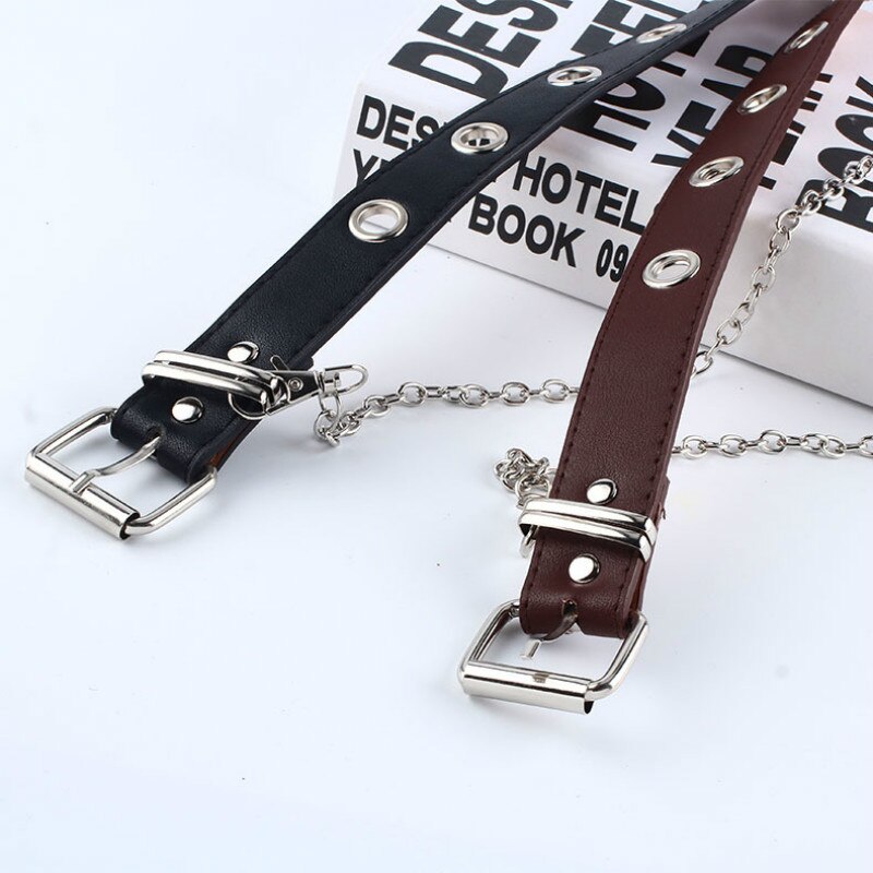 Harajuku Women Punk Chain Belt Adjustable Black Double/Single Eyelet Grommet Metal Buckle Leather Waistband For Jeans