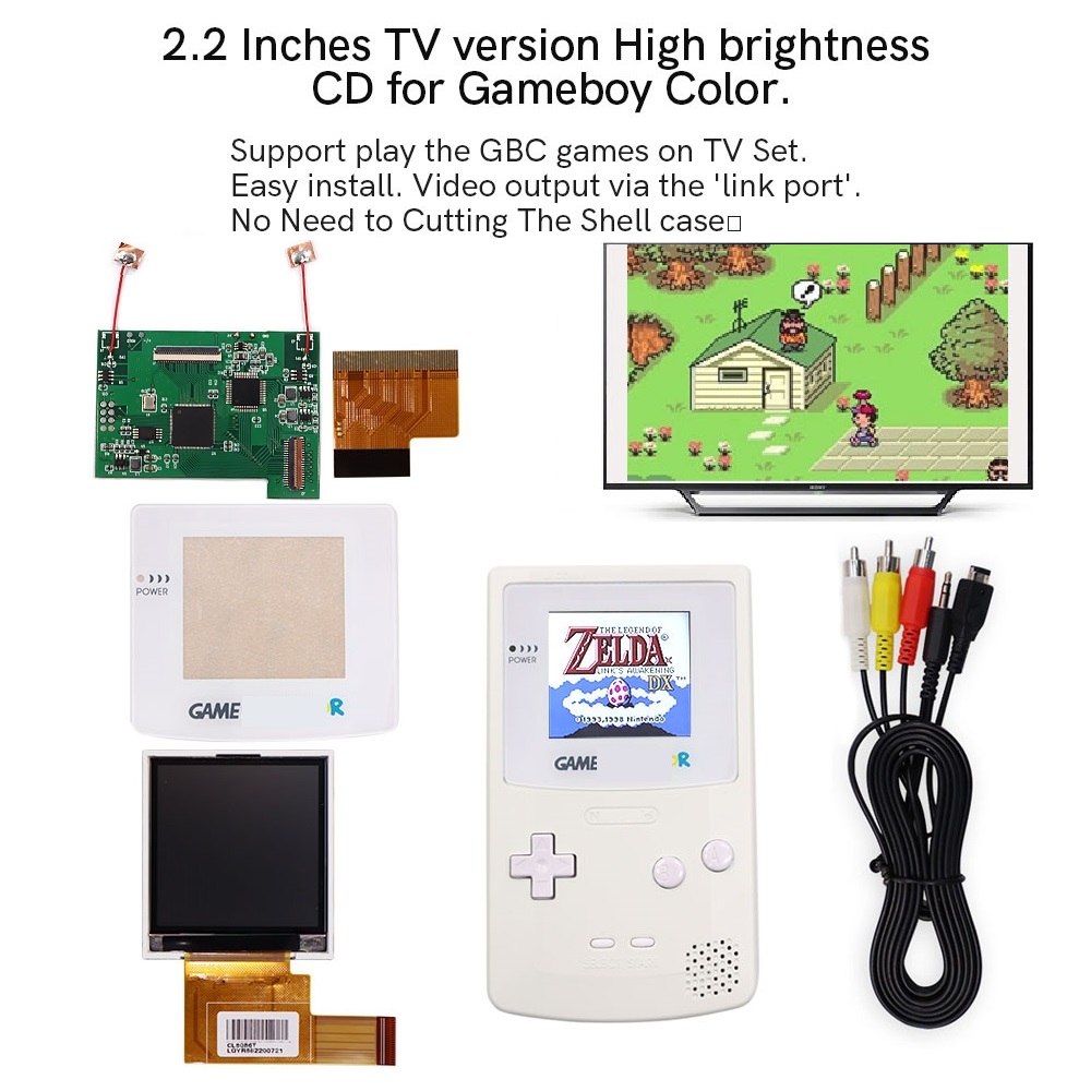 TV Version 2.2 inches GBC LCD High Brightness LCD Screen TV Out for Gameboy COLOR GBC - No Need Shell Cutting