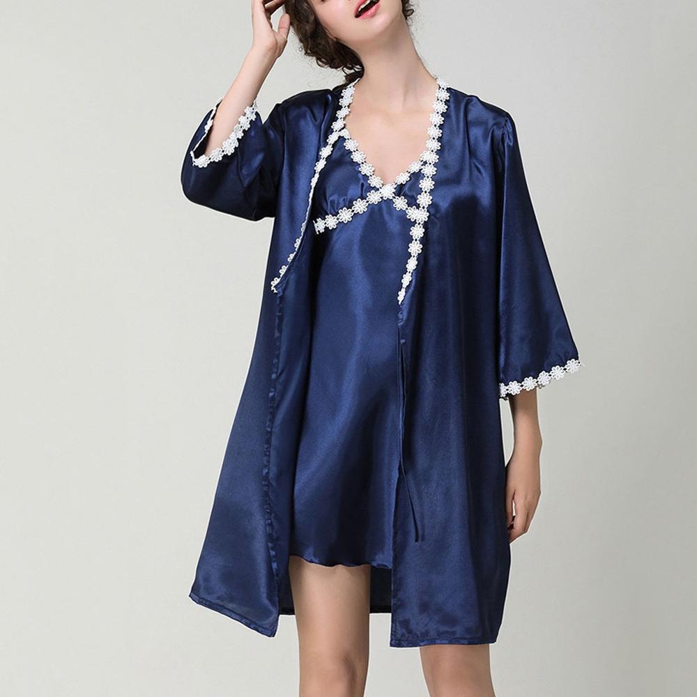 2 Pcs Vrouwen Sexy Satijnen Nachtkleding Babydoll Lingerie Nachthemd Pyjama Set Bruid Gewaden Kimono Robe Satijn Zijde Nacht Nachtkleding