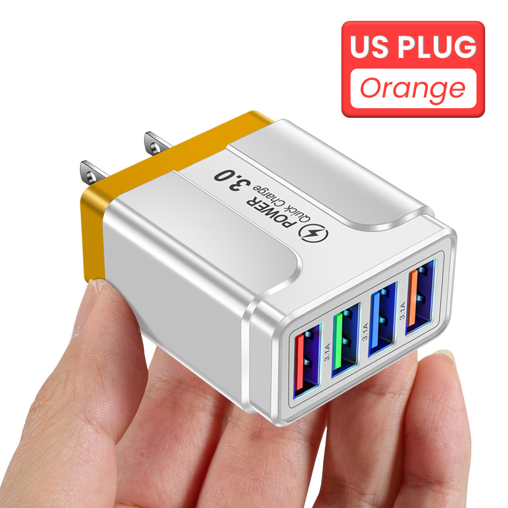 4 Poorten Usb Charger 3.1A Quick Charge Travel Charger Eu/Us/Uk Plug Snel Opladen Lader Voor iphone 13 12 Pro Xiaomi Redmi: ORANGE US PLUG