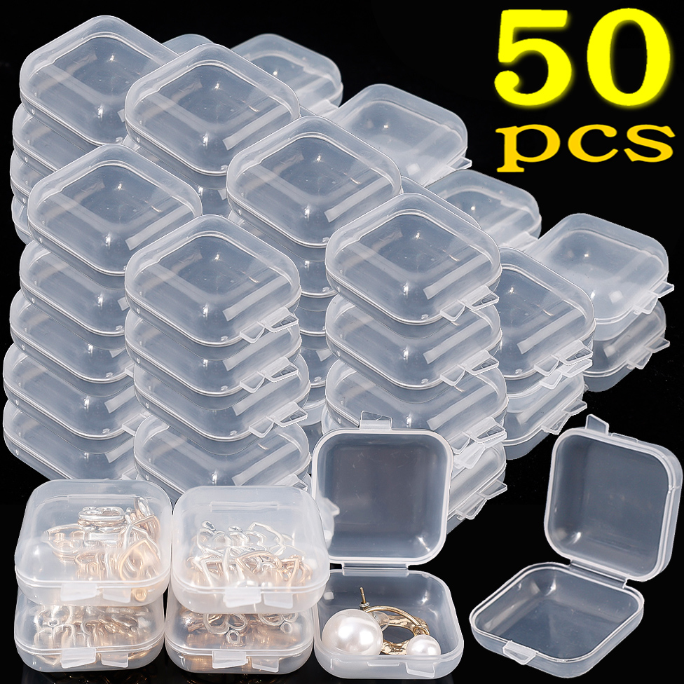 Square 3.5cm Mini Clear Plastic Storage Box Container with Hinged Lid Boxes for Earrings Ring Tiny Jeweley Beads DIY Button Case: Pink