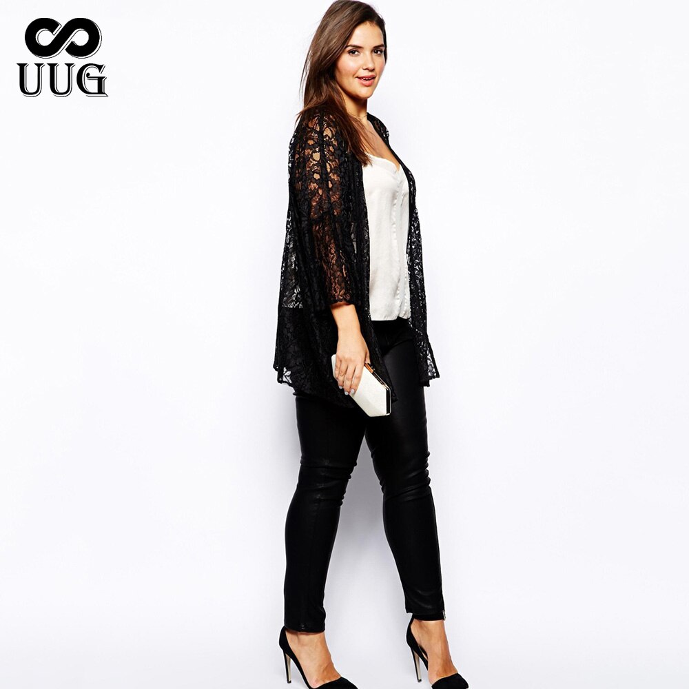 UUG Plus Size Women Lace Cardigan 4xl 5xl Women Large Sizes Black Coat Lace Long Shrug Lady Clothing XXXL Lady Big Clothes Lace