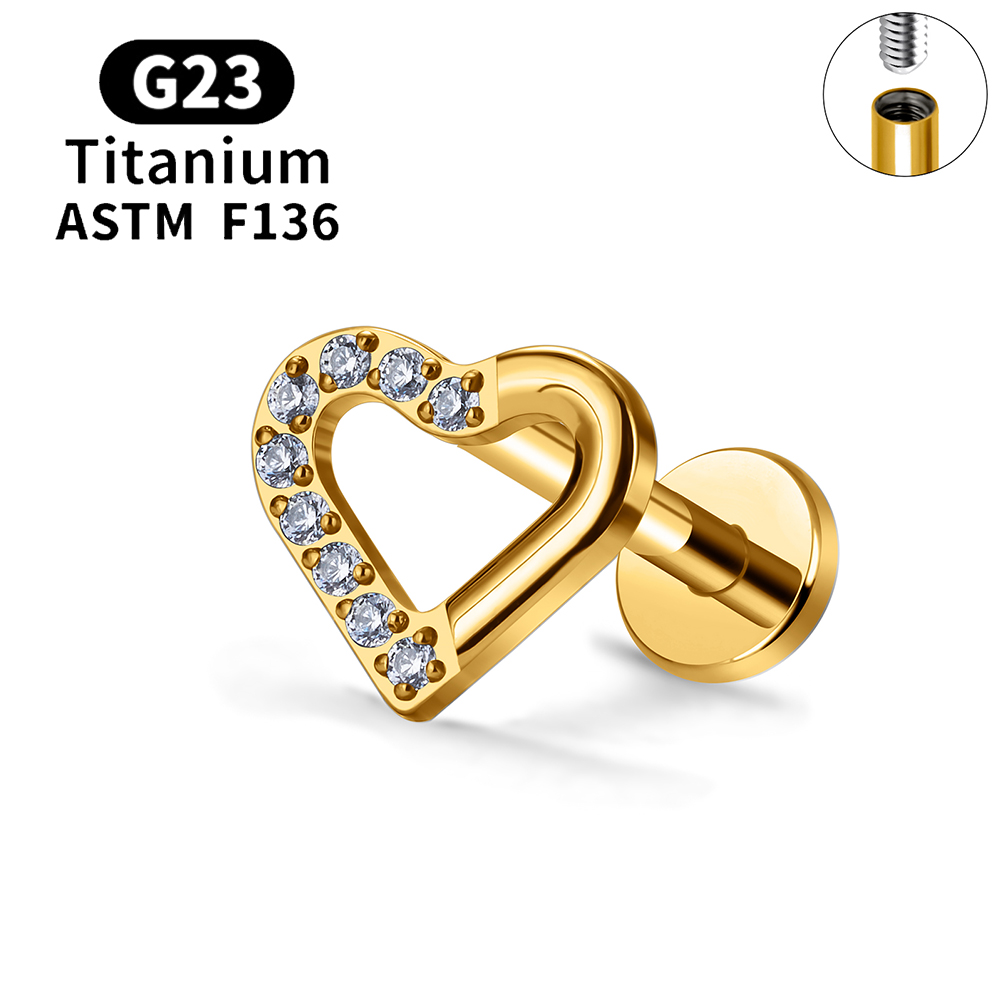 G23 Titanium Sneeuwvlok Kers Hartvorm Platte Achterkant Stud Oorbel 16G CZ Oor Tragus Kraakbeen Helix Conch Kwab piercing Sieraden