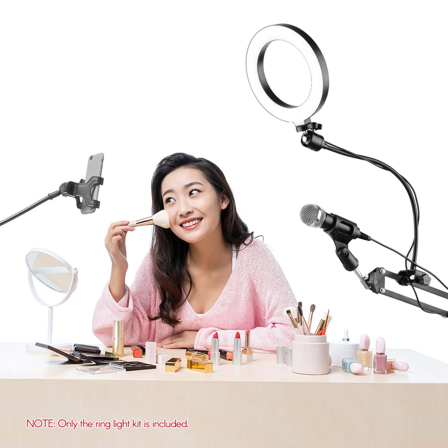 6.5inch/16cm Video Ring Light Kit with Articulating Arm Ball Head Light Stand Micropone Shock Mount Phone Clamp Remote Shutter