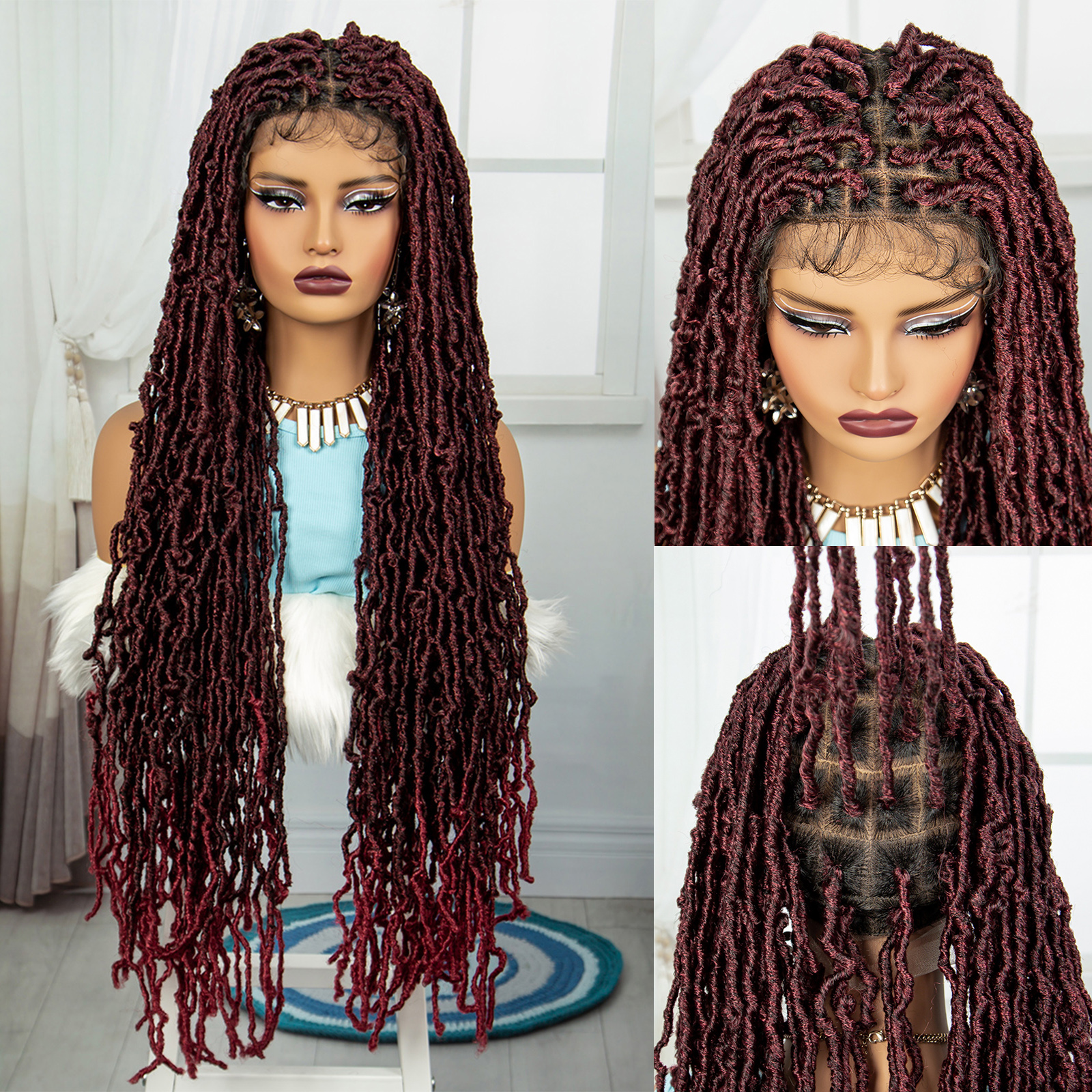 Pelucas trenzadas de caja roja, peluca trenzada de encaje completo, peluca con trenzas de ganchillo para mujer, peluca de encaje de 36 pulgadas, peluca trenzada trenzada sin nudos: T1B/613