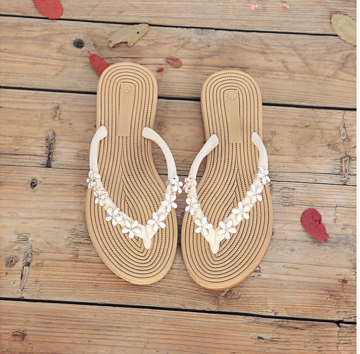 Sandalias planas de flores pequeñas a la de Verano , zapatillas frescas para mujer, zapatos de playa para mujer, zapatillas, chanclas, zapatos 35-40: Blanco / 5