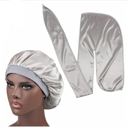 Heren zijden durag match zijden muts voor vrouwen dezelfde kleur zijden durag bandana's voor mannen lange staart durags golfmuts slaapmuts: Grijs