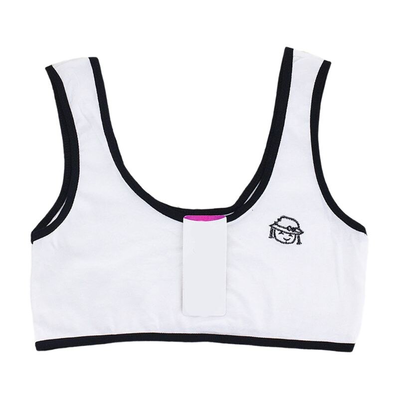 Puberty Girls Wide Straps Tank Crop Top Cartoon Embroidery Underwear Vest 6-16T U50F: Black