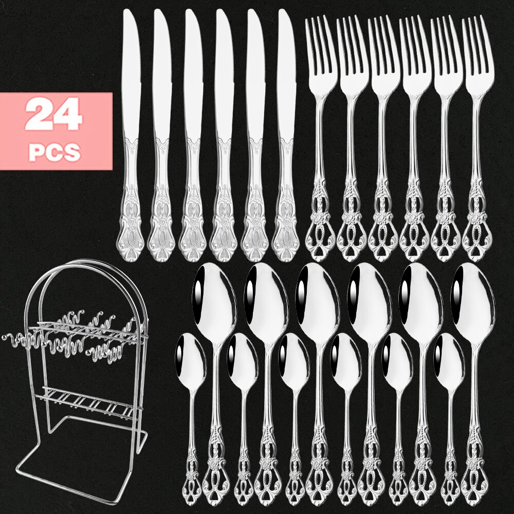 6-24pcs Luxury Wedding Silverware set Silver Dinnerware Knife Fork Tea Spoon Retro Kitchen Flatware Tableware Cutlery Rack Set