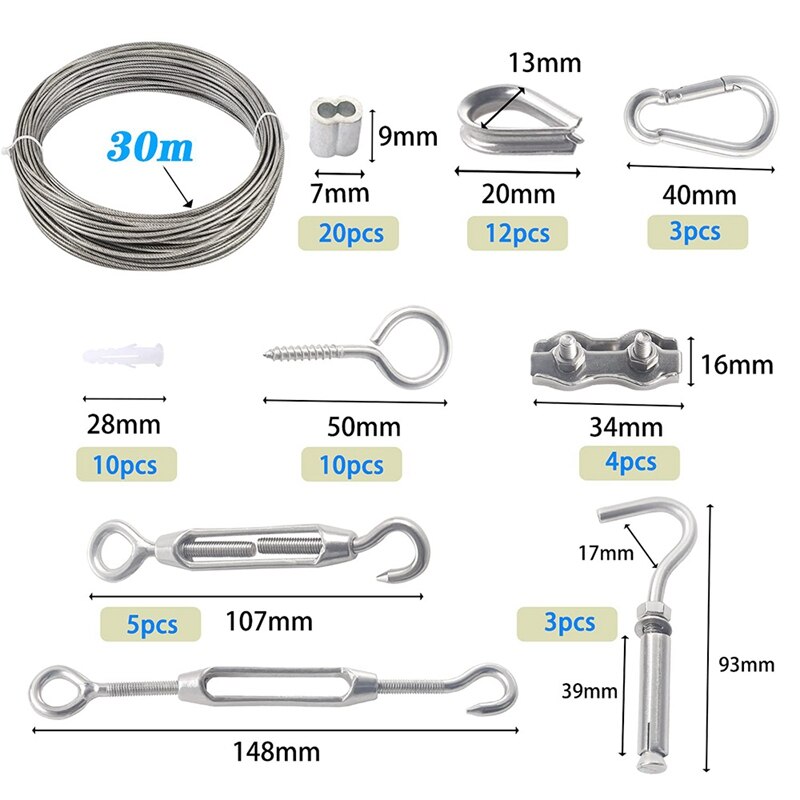 Juego de cables de acero inoxidable 304, tensor de cuerda de gancho para enredadera, enredadera, trepadora, PVC, 30M