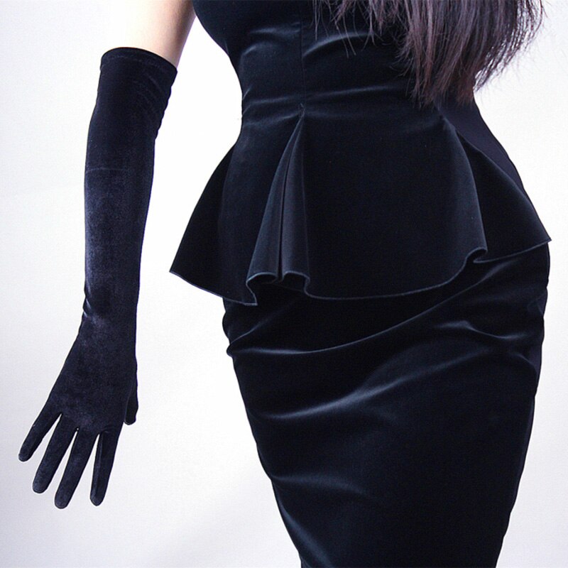 Eleganti guanti da sera in velluto dorato femminile guanti invernali sottili a dito pieno 43cm lunghi Sexy neri elastici caldi guanti da guida H47: 53cm Black