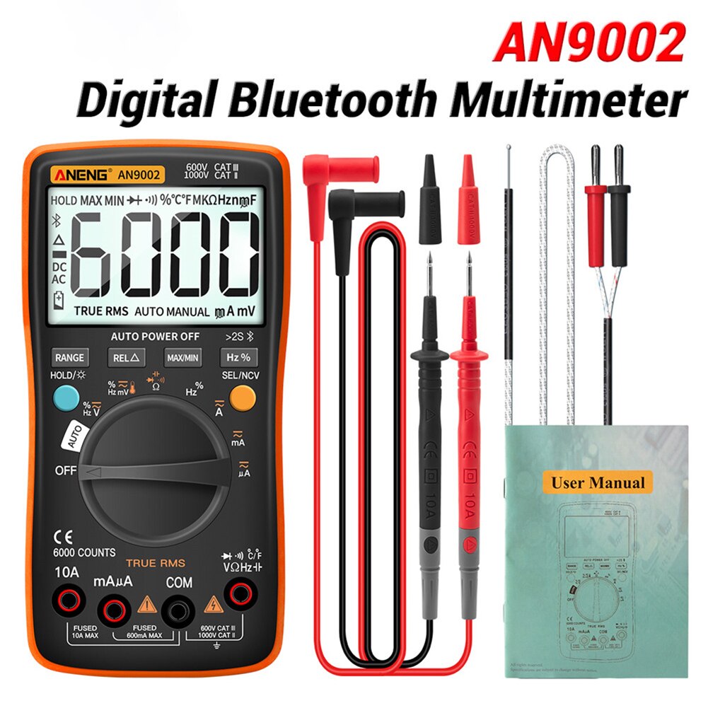 Multímetro Digital inalámbrico por Bluetooth, medidor de voltímetro de rango portátil eléctrico de resistencia automática/Manual RMS