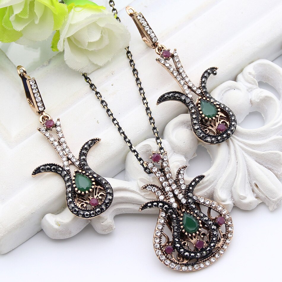 Vintage turkiska kvinnor tulpan blomma smycken set antik guld färg harts örhänge strass halsband nigeria brud smycken set