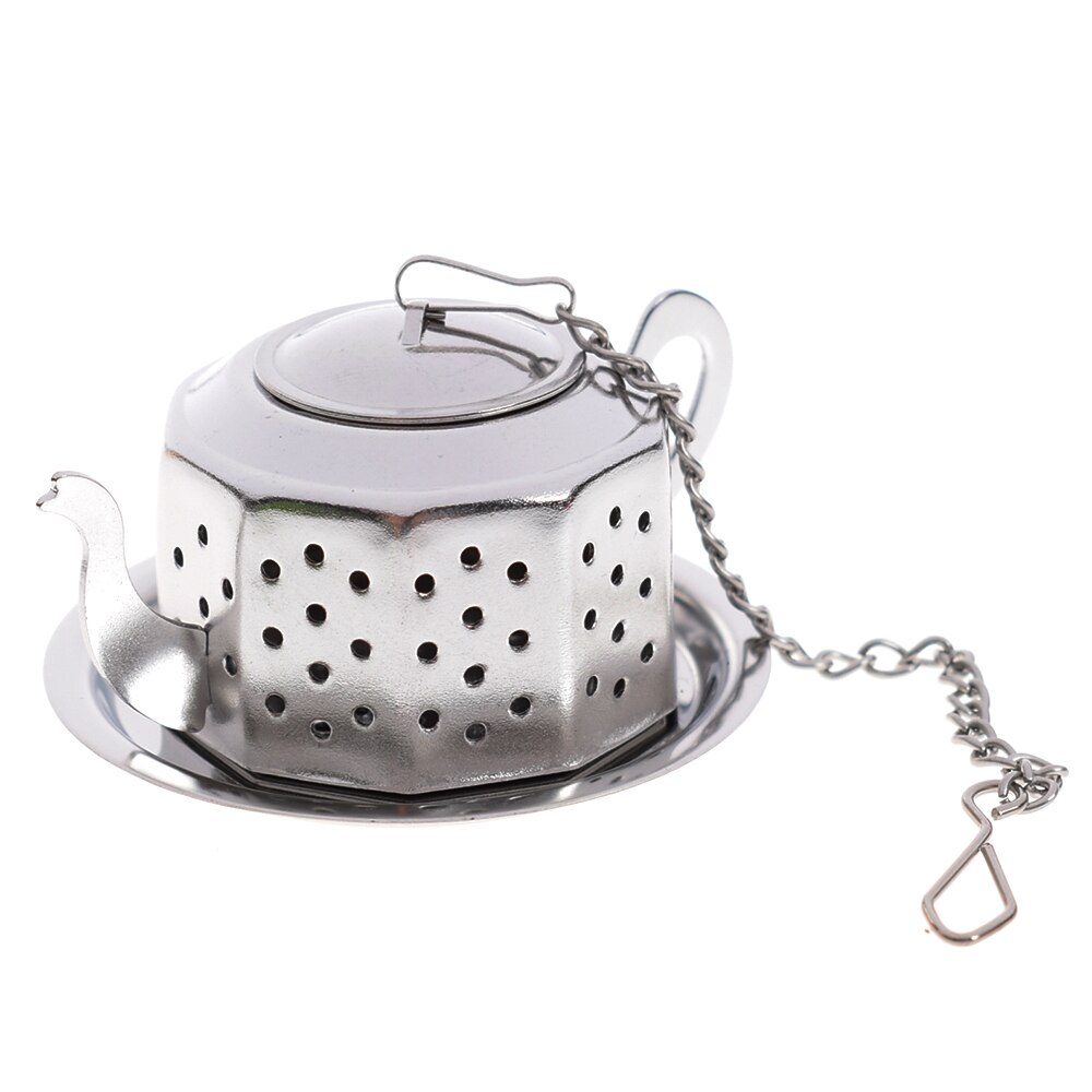 Stainless Steel Teapot Shape Tea Leaf Infuser With Tray Convenient Spice Drinking Strainer Herbal Filter