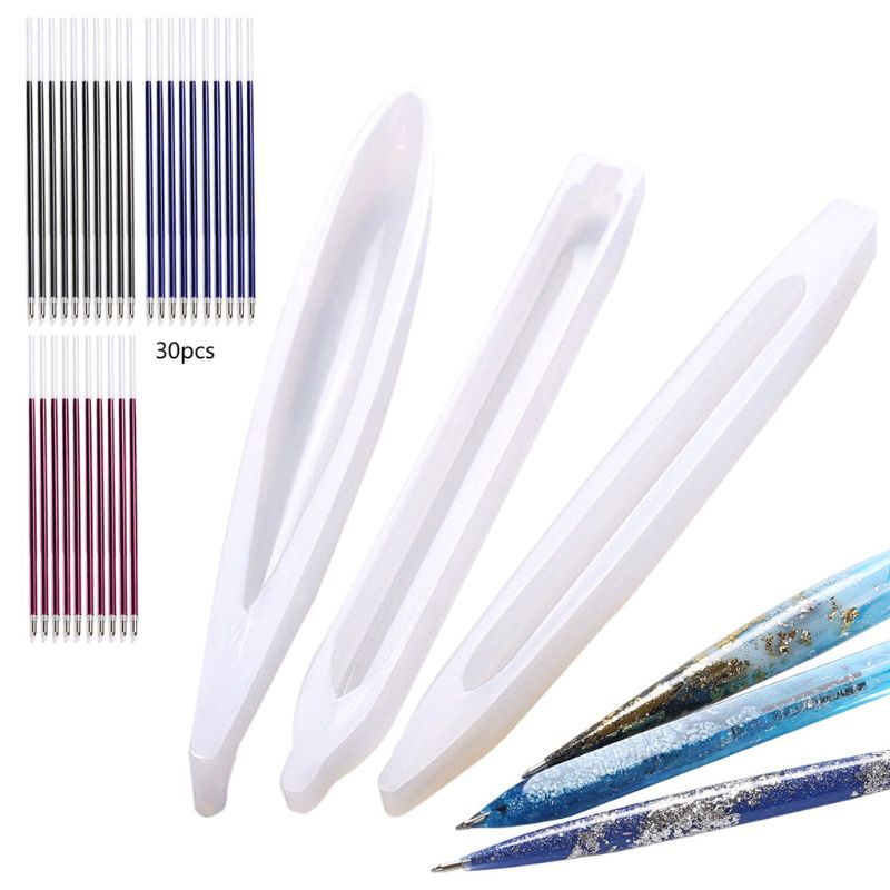 BRICOLAGE Stylo À Bille En Silicone Moules En Résine Avec 30 Pièces Recharges 3 Couleurs Stylo Plume Résine Époxy Coulée Moules Artisanat Outils: WHITE