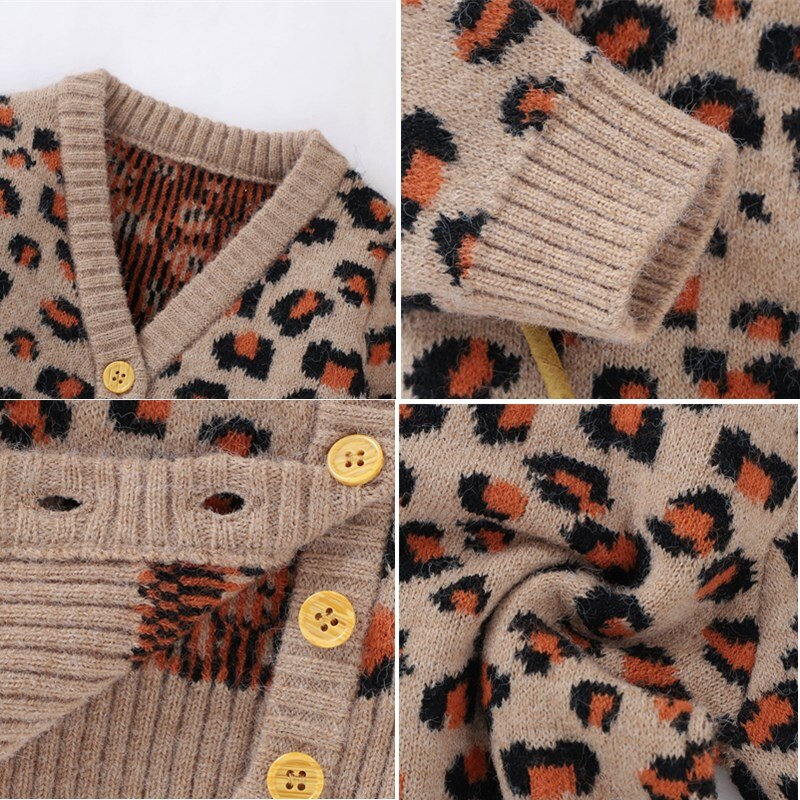 Toddler Baby Girl Fall Cardigan Leopard Print Long Sleeve Botton Sweaters Outfits Baby Clothes Set For 3M-24M