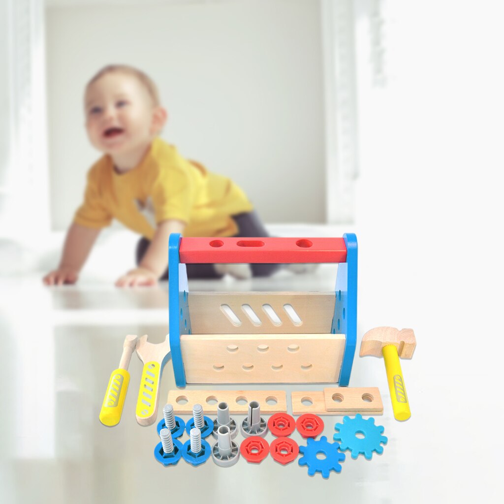 Houten Take-Along Tool Kit Wrench En Hamer Accessoire Reparatie Toolbox Speelgoed