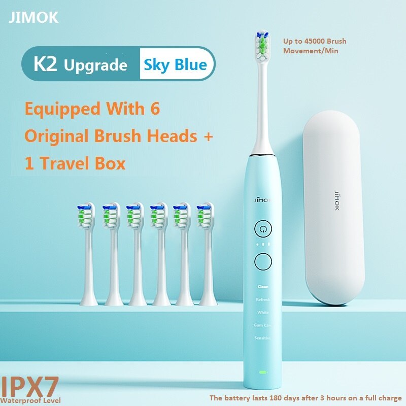 Jimok sônica escova de dentes elétrica, escova de dentes ultra sônica, recarregável, limpador de dentes elétrico adulto (k2): K2-6 Up Sky Blue