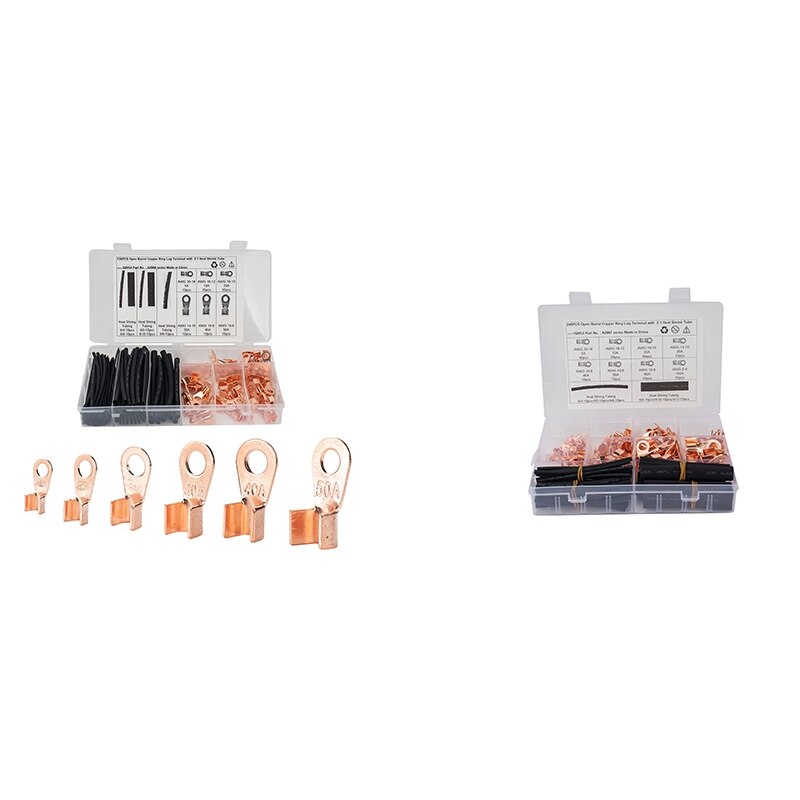 Open Barrel Wire Crimp Copper Ring Lugs Terminal Connector with 2:1 Heat Shrink Tubing Assortment Kit