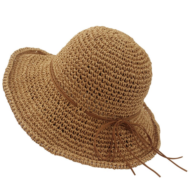 Enkle damer solhat til kvinder bowknot raffia stråhat foldbar sommer hat bred rand strand hat kvinde chapeau femme