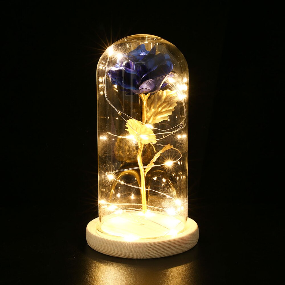 Fødselsdag smuk bevaret rose blomst led lys med glas cover træ base valentinsdag bryllup: Blå