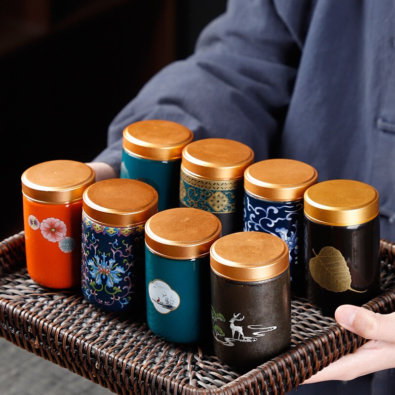 Painted Mini Ceramic Storage Jar Exquisite Portable Travel Tea Pot Alloy Lid Sealed Candy Jar Storage Bottle Decoration