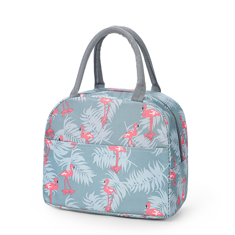 Functional Cute Pattern Lunch Bag Portable Insulated Canvas Cooler Bog Thermal Food Picnic Lunch Bags For Women Kids: Blue Flamingo