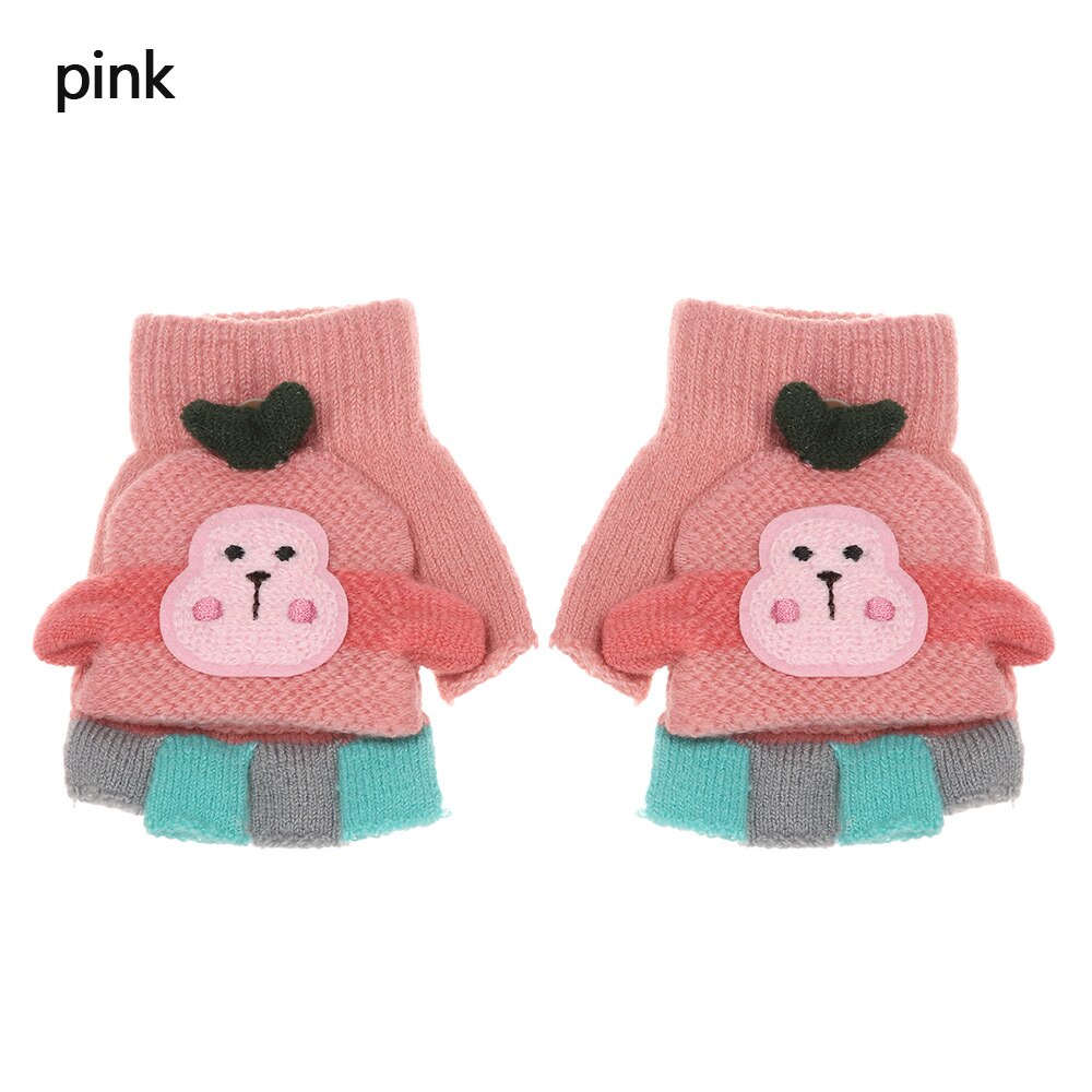 1 par bonito dos desenhos animados crianças luvas de malha meninos meninas inverno quente metade dedo flip superior luvas sem dedos para 3-8 anos de idade: pink