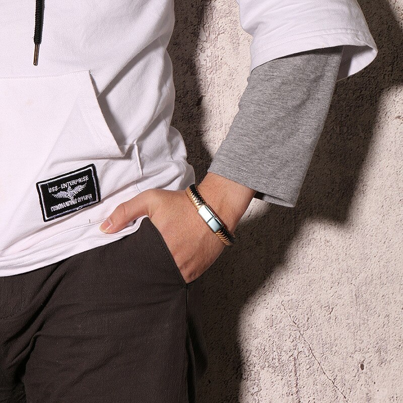 ZORCVENS 12mm Braided Leather Men's Bracelet Magnet Clasp Casual Male Woven Wrap Retro Bangle Stainless Steel Gents Wristband