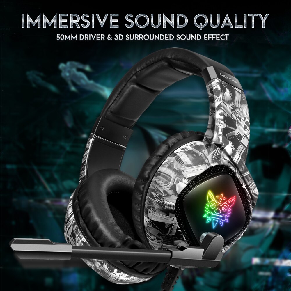 ONIKUMA K19 3.5mm Wired Gaming Headset with Mic casque Camo PC Stereo Headphones LED Light for Xbox One/Laptop Tablet/Phone