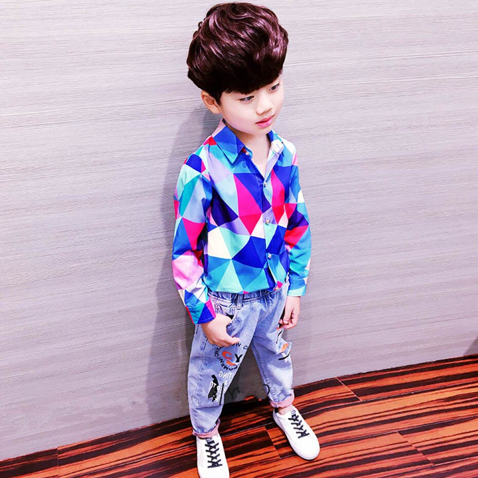 Blouse Voor Jongens Geometrische Jongens Tops Casual Stijl Kinderen Blouse Voor Jongens Lente Herfst Jongens Kleding 6 8 10 12 14