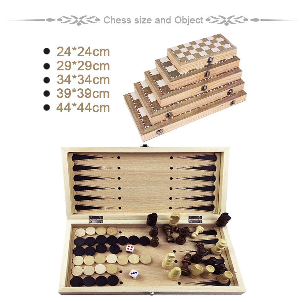 3 in 1 Wooden Chess Set Checkers Backgammon Travel Wooden Chess Game Wood Chess Pieces Foldable Chessboard Draughts I3