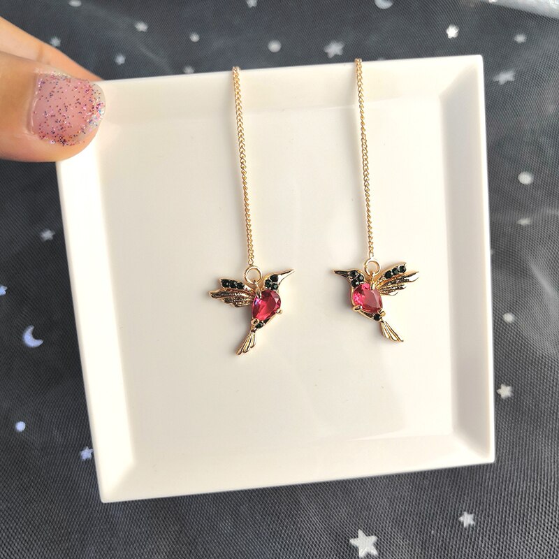 Fimaodz kolibri øreringe til kvinder 2 stil rhinestone kolibri lange kvast øreringe trendy smykker: Rød
