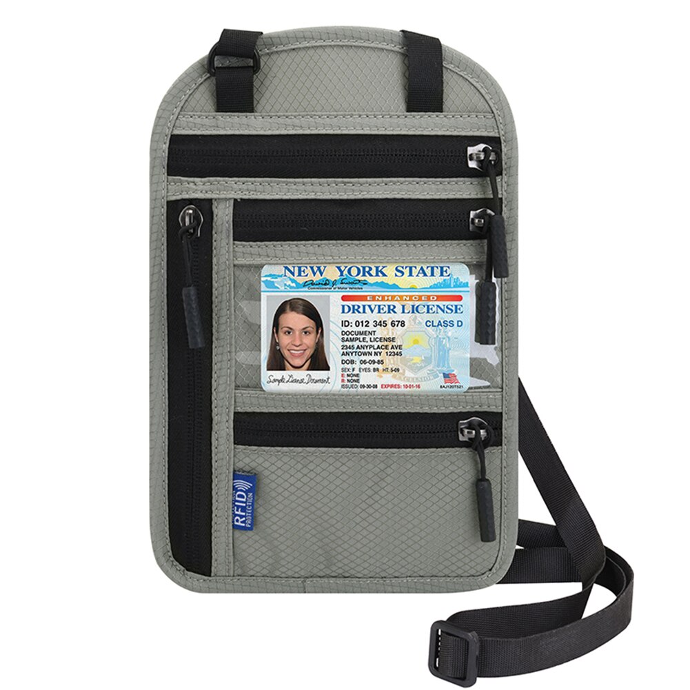 Sac de rangement pour documents de voyage, porte-passeport RFID ID, organisateur de cartes de crédit, bandoulière réglable, sangle de cou à utiliser pour unisexe: Light Grey