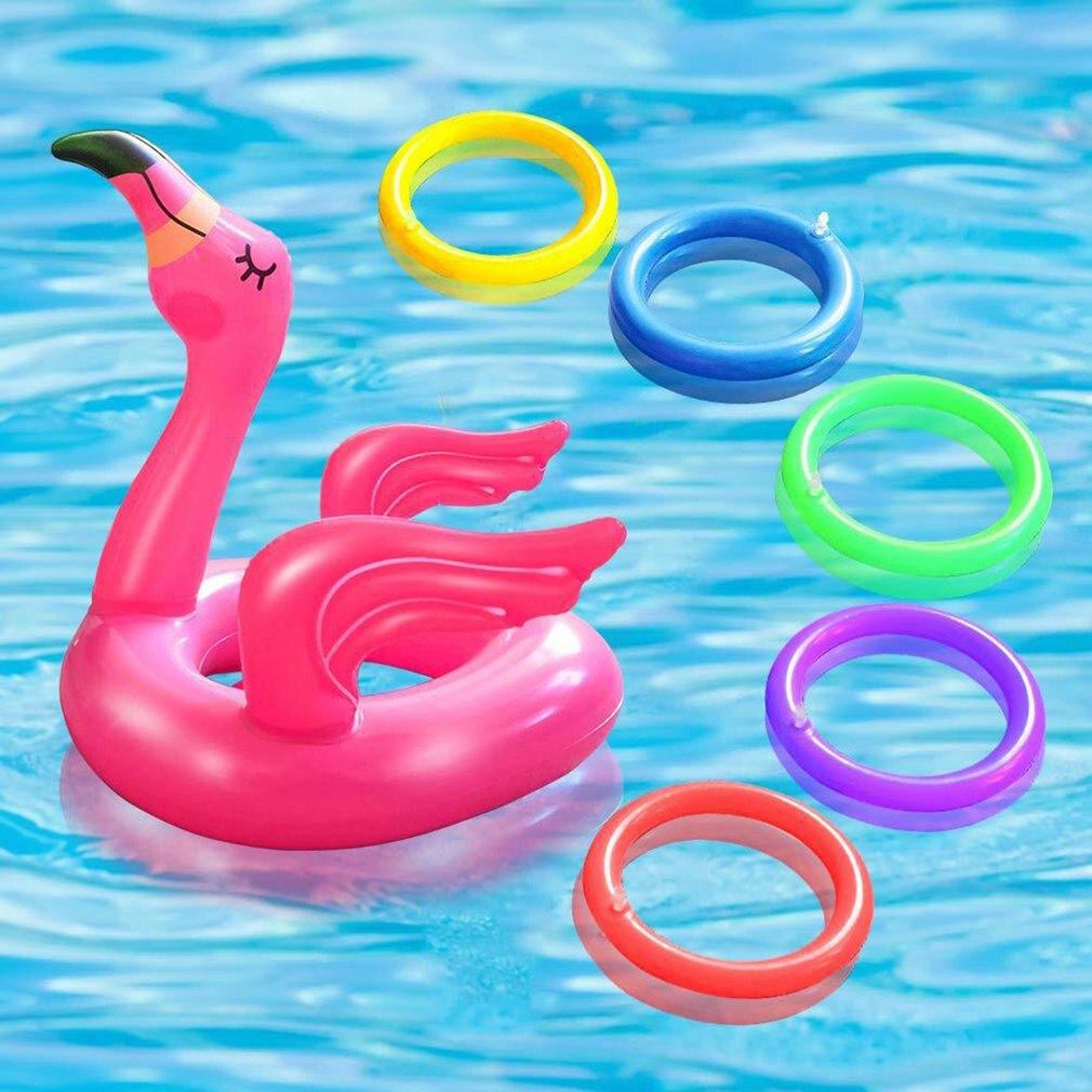 Bærbar oppustelig flamingo hovedhat med 4 stk kasteringe vandspil til familiefest pink pvc materiale pools &amp; sjovt legetøj