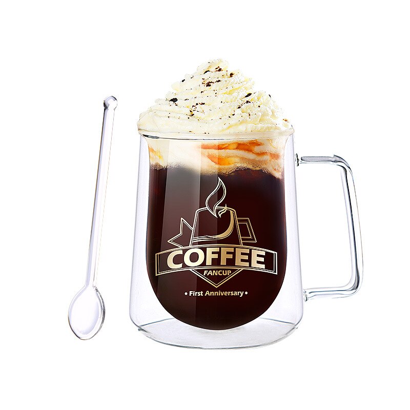 Glass kopp gjennomsiktig glass kopp drikkeglass dobbel vegg glass kaffekopper med lokk glass kopp krystall glass krus: N7190 med skje