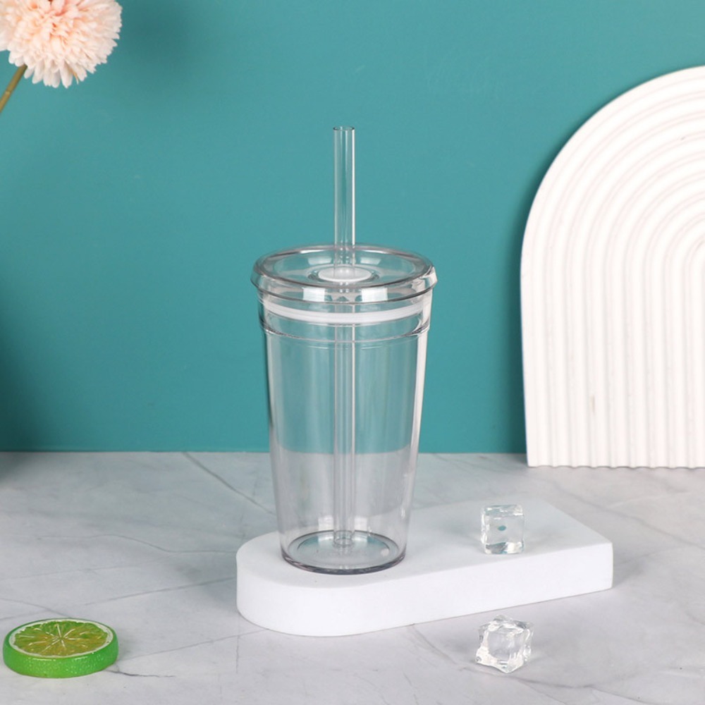 Taza con pajita portátil de 450ml, vaso transparente de una sola capa para beber, vaso de plástico reutilizable para coche, hogar: Transparente