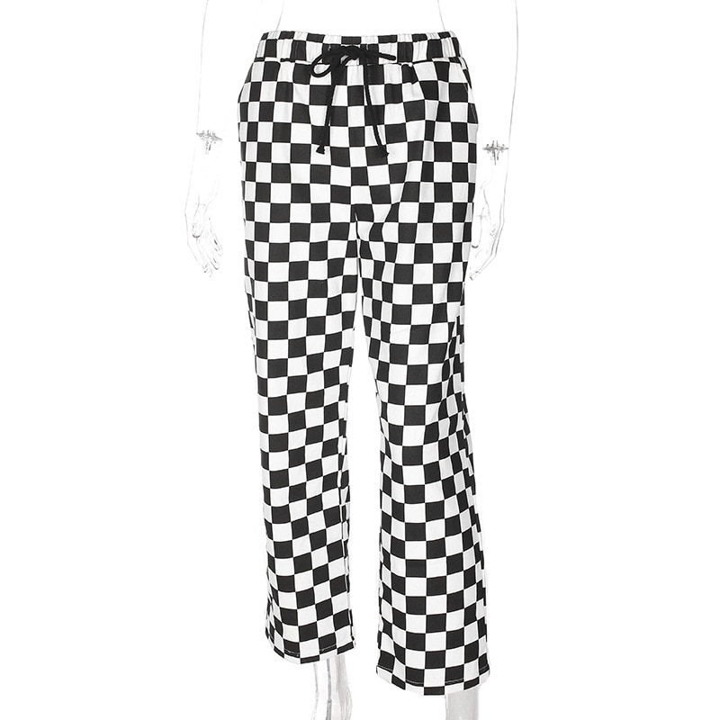Zwart en Wit Geruite Broek Womens Hoge Taille Geruite Rechte Broek Casual Losse Mode Broek Pantalon Femme Joggingbroek