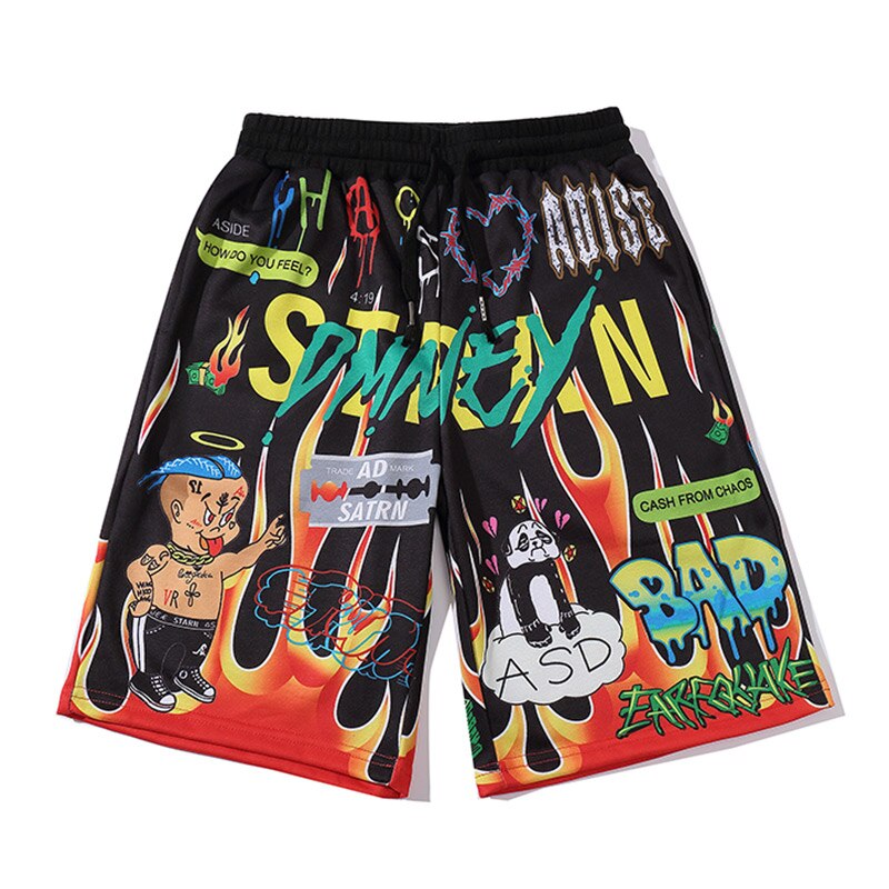 Aolamegs Shorts hommes dessin animé flamme Graffiti imprimer plage genou longueur Shorts Hip Hop Bermuda Style taille élastique haute rue été: Black / M