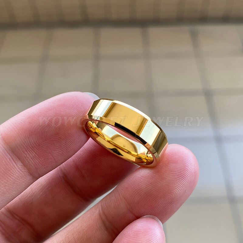 Wowcraft jóias 6mm ouro anéis de carboneto de tungstênio para homens feminino casamento banda polido brilhante chanfrado bordas livre dentro gravura