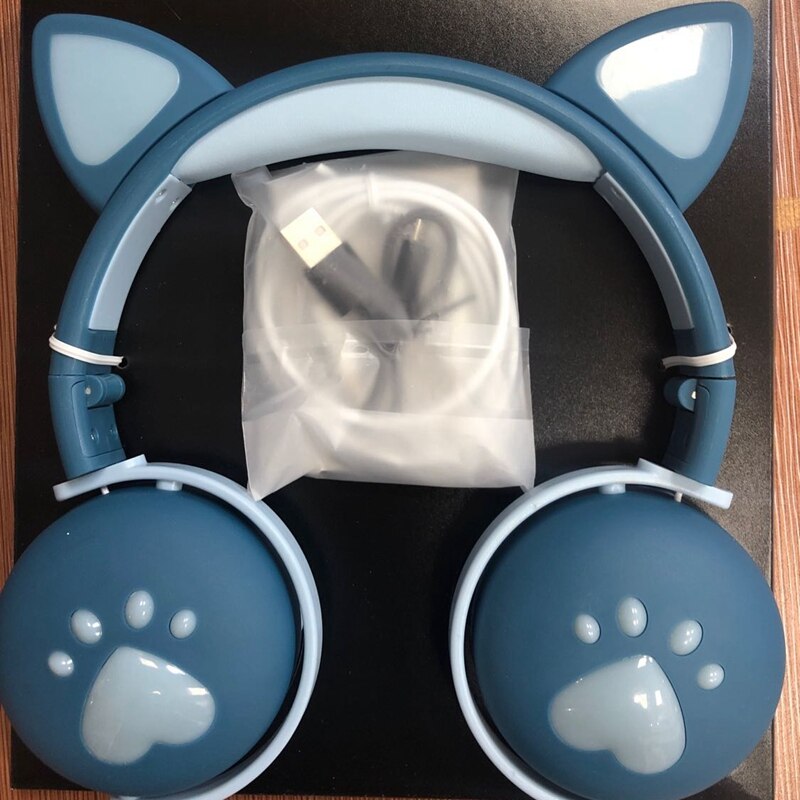 7.1 Stereo Cute Cat Bluetooth Wireless Headphone With Microphone Flashing light Noise Cancel Earphone Music Helmet Girl Kid: deep blue