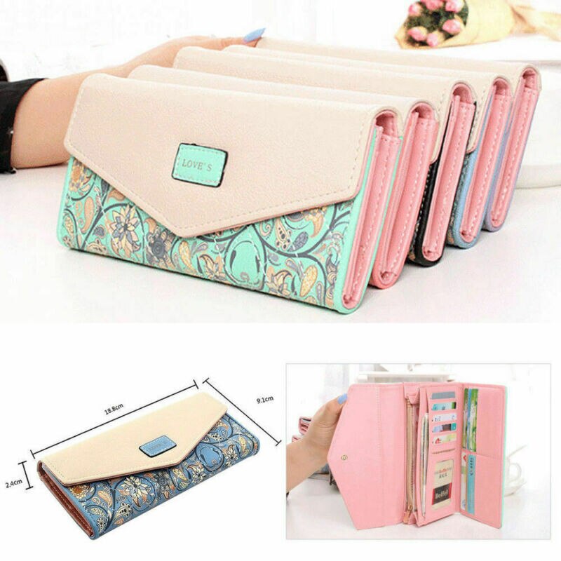 Womens Ladies Envelope Leather Wallet Card Button Clutch Purse Long Hand Bag